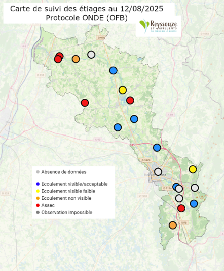 Carte de situation de suivi des étiages sur le bassin versant de la Reyssouze au 12/08/2025