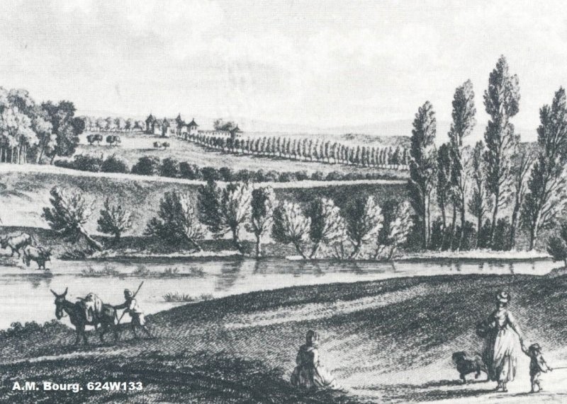 Le château de Challes, au bout de l’allée, d’après une gravure de Lallemand, années 1780. (Archives municipales de Bourg-en-Bresse depuis Chroniques de Bresse)
