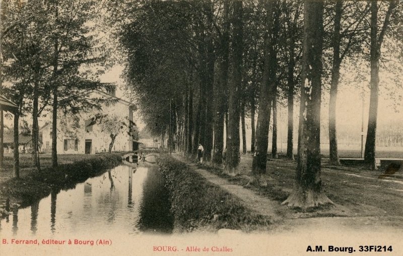 L’allée de Challes au début des années 1900 avec, tout à gauche, l’avancée du toit du lavoir, et, en second plan, la blanchisserie. (Archives municipales de Bourg-en-Bresse depuis Chroniques de Bresse)